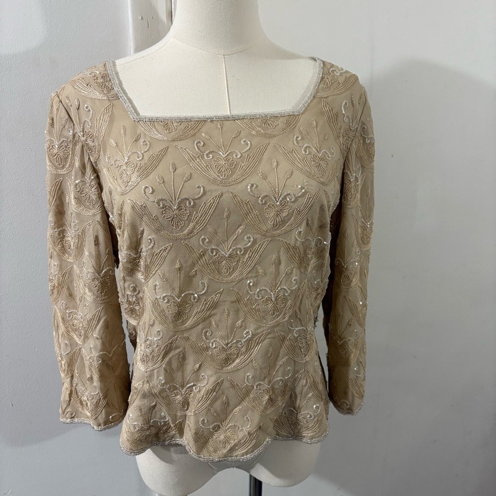 Adrianna Papell 100% Silk Champagne Beaded Evening Top Blouse Sz 8P Elegant